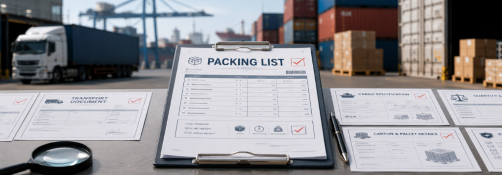 Ілюстрація зразка пакувального листа (Packing List) для міжнародної логістики та митного оформлення вантажів