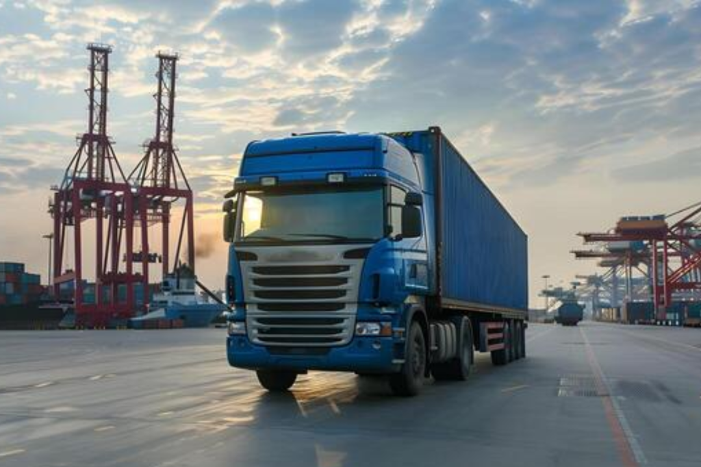 Синий тягач Scania с синим 40-футовым контейнером на асфальте в глубоководном порту, на фоне портовых кранов и рассвета.